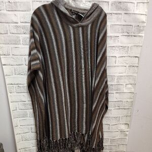 Striped Hooded Poncho with Fringe